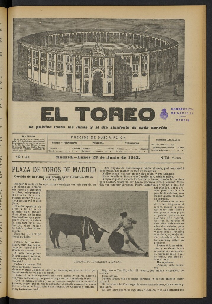 Miniatura de El Toreo: suplemento a "La Correspondencia Teatral"  del 23 de junio de 1913, nº 2363