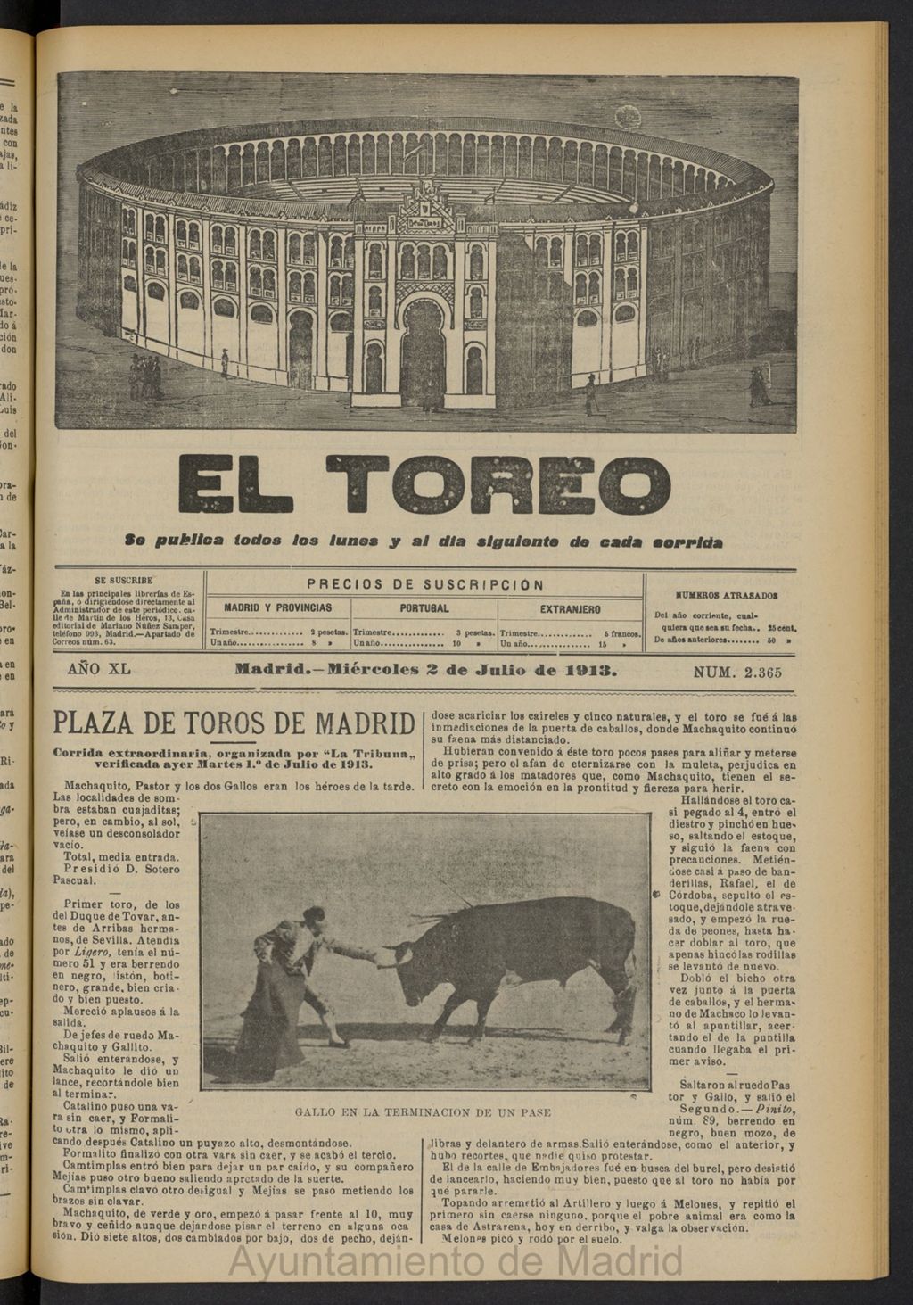 Miniatura de El Toreo: suplemento a "La Correspondencia Teatral"  del 2 de julio de 1913, nº 2365