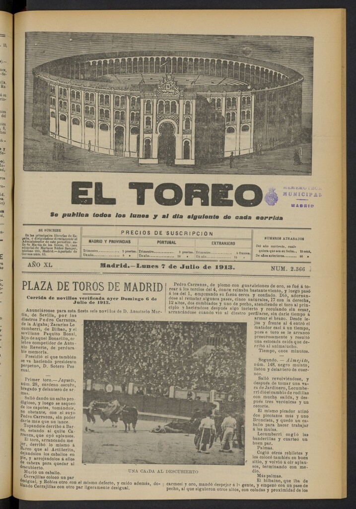 Miniatura de El Toreo: suplemento a "La Correspondencia Teatral"  del 7 de julio de 1913, nº 2366