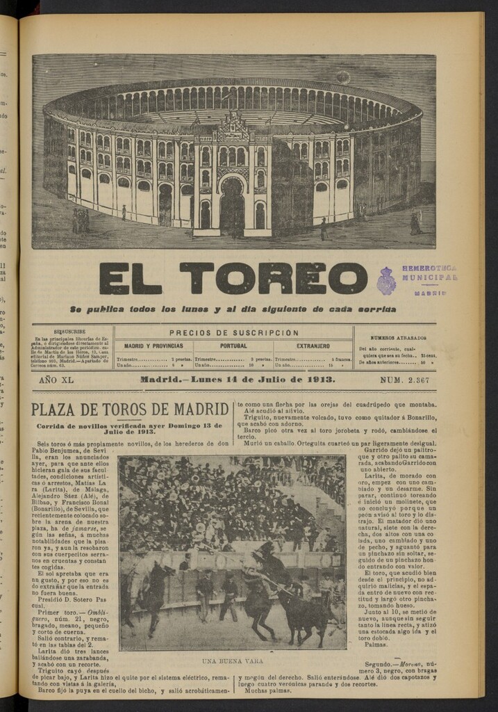 Miniatura de El Toreo: suplemento a "La Correspondencia Teatral"  del 14 de julio de 1913, nº 2367
