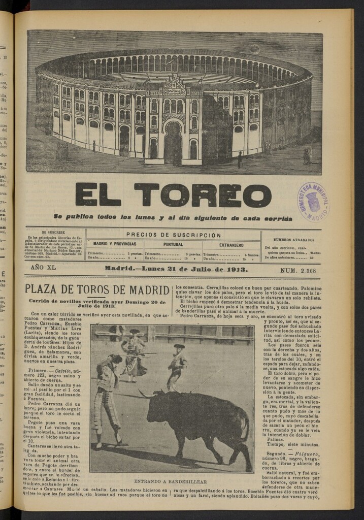 Miniatura de El Toreo: suplemento a "La Correspondencia Teatral"  del 21 de julio de 1913, nº 2368