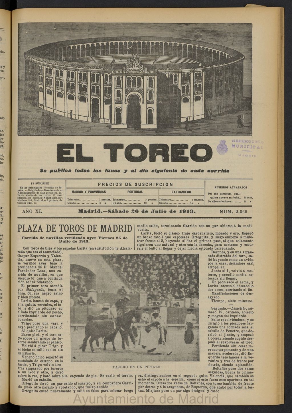 Miniatura de El Toreo: suplemento a "La Correspondencia Teatral"  del 26 de julio de 1913, nº 2369