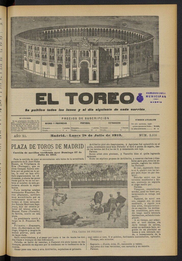 Miniatura de El Toreo: suplemento a "La Correspondencia Teatral"  del 28 de julio de 1913, nº 2370