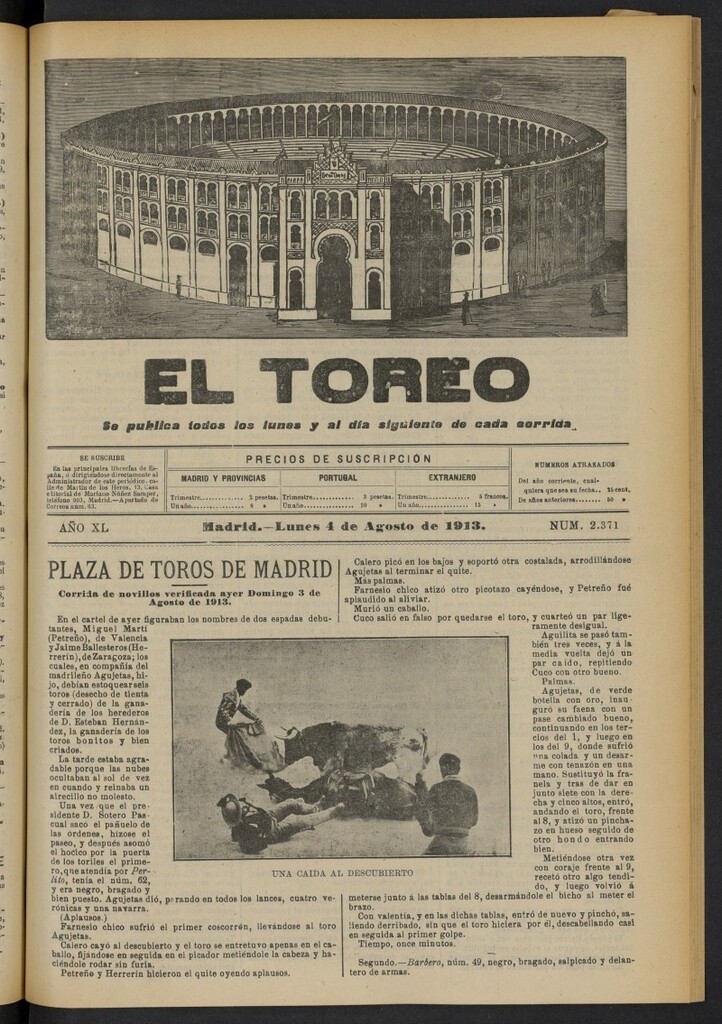 Miniatura de El Toreo: suplemento a "La Correspondencia Teatral"  del 4 de agosto de 1913, nº 2371