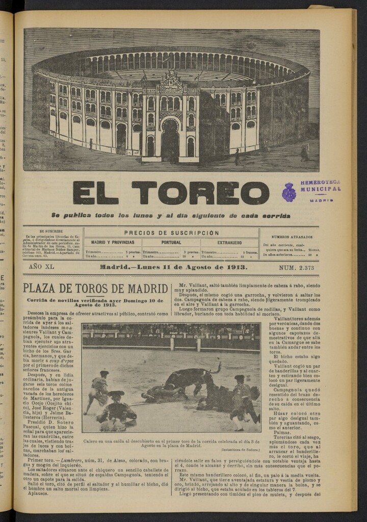 Miniatura de El Toreo: suplemento a "La Correspondencia Teatral"  del 11 de agosto de 1913, nº 2373