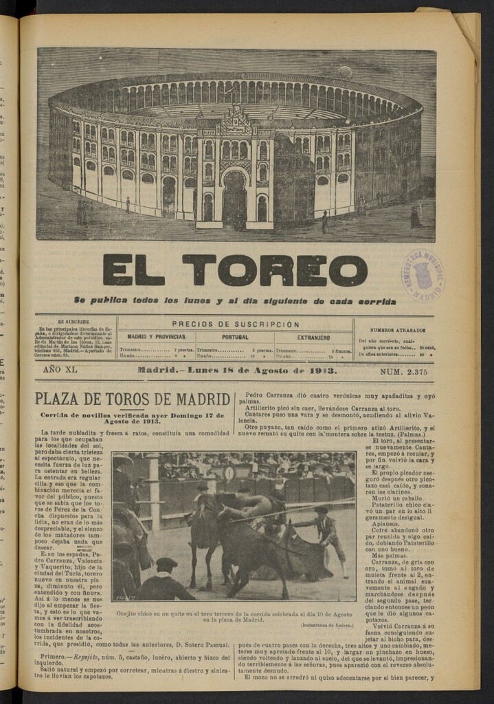 Miniatura de El Toreo: suplemento a "La Correspondencia Teatral"  del 18 de agosto de 1913, nº 2375