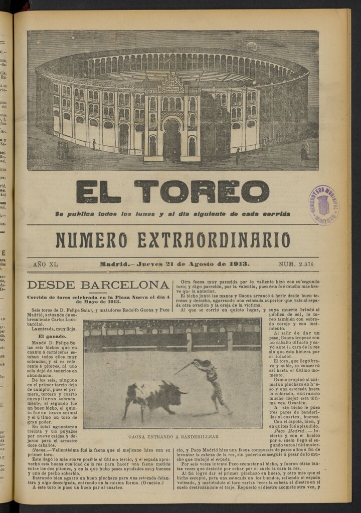 Miniatura de El Toreo: suplemento a "La Correspondencia Teatral"  del 21 de agosto de 1913, nº 2376