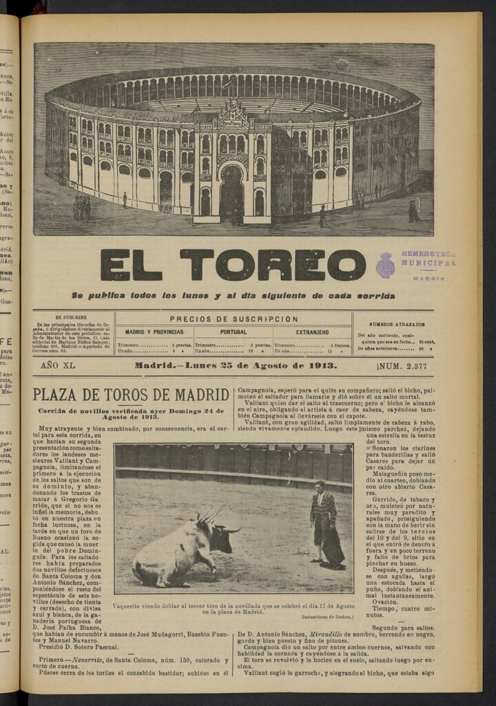 Miniatura de El Toreo: suplemento a "La Correspondencia Teatral"  del 25 de agosto de 1913, nº 2377