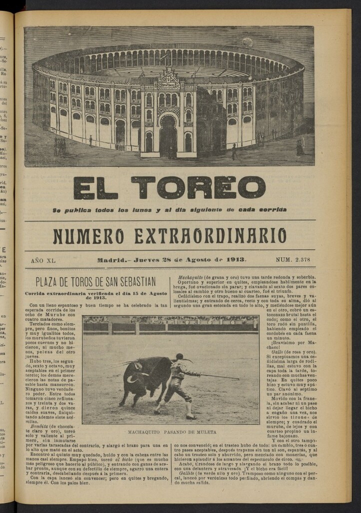 Miniatura de El Toreo: suplemento a "La Correspondencia Teatral"  del 28 de agosto de 1913, nº 2378