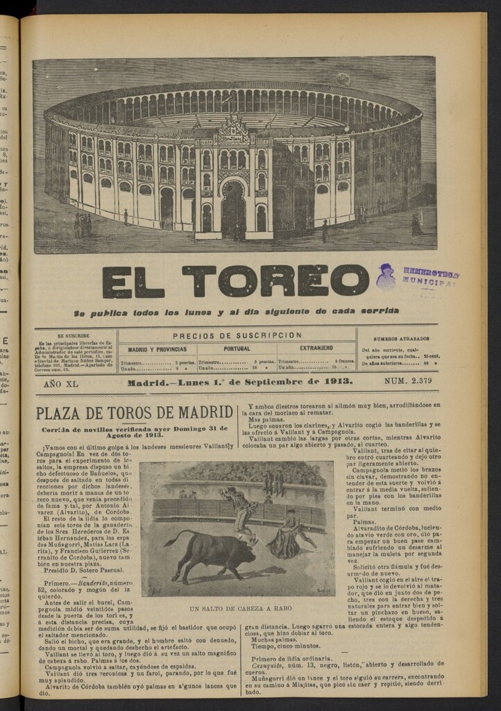 Miniatura de El Toreo: suplemento a "La Correspondencia Teatral"  del 1 de septiembre de 1913, nº 2379