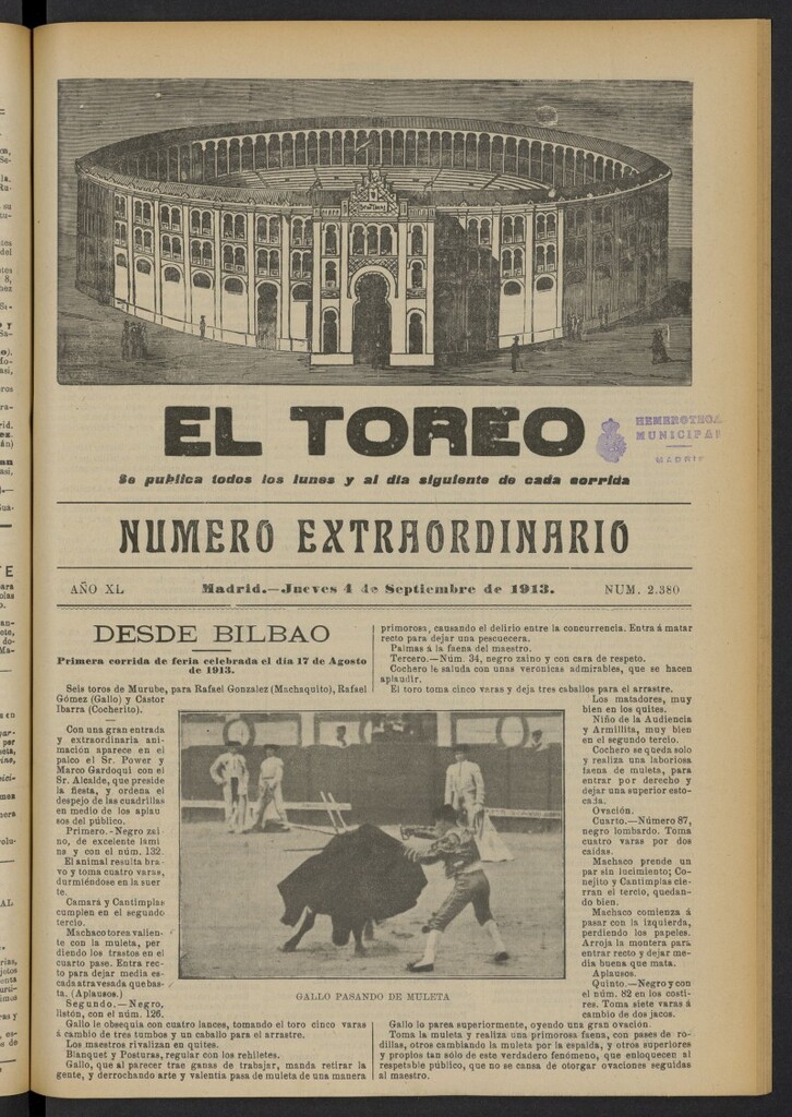Miniatura de El Toreo: suplemento a "La Correspondencia Teatral"  del 4 de septiembre de 1913, nº 2380