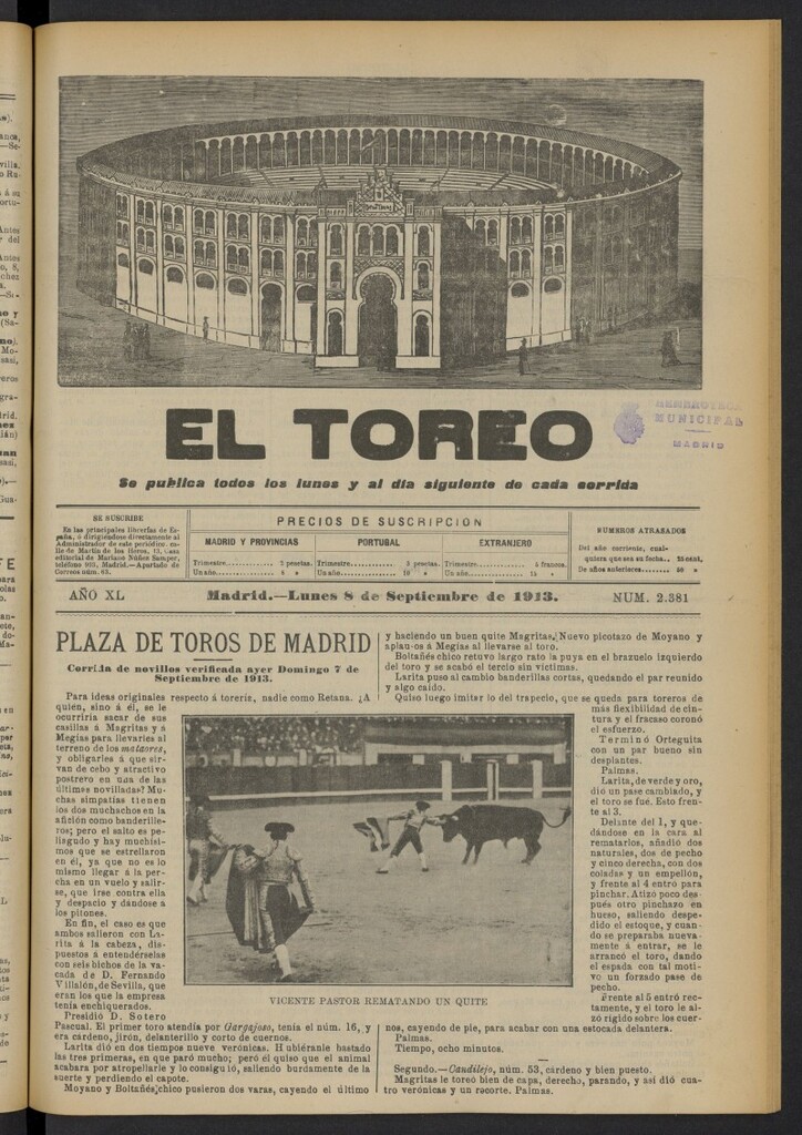 Miniatura de El Toreo: suplemento a "La Correspondencia Teatral"  del 8 de septiembre de 1913, nº 2381