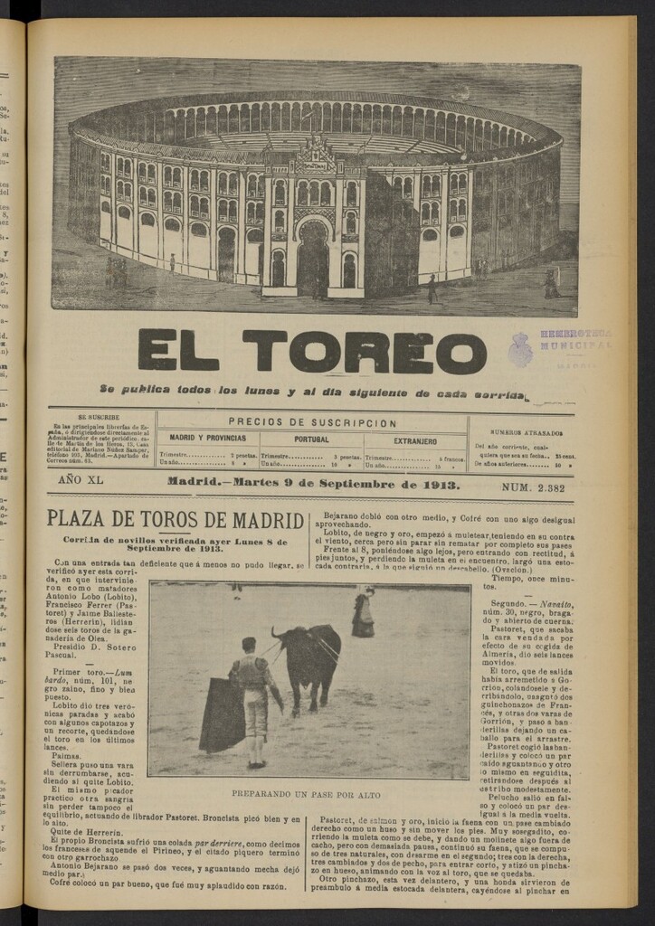 Miniatura de El Toreo: suplemento a "La Correspondencia Teatral"  del 9 de septiembre de 1913, nº 2382