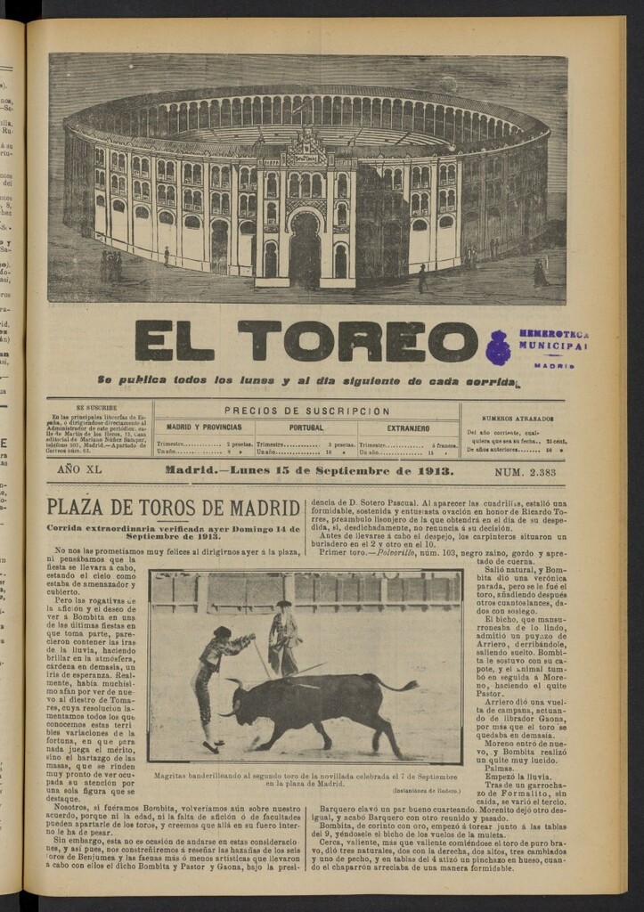 Miniatura de El Toreo: suplemento a "La Correspondencia Teatral"  del 15 de septiembre de 1913, nº 2383