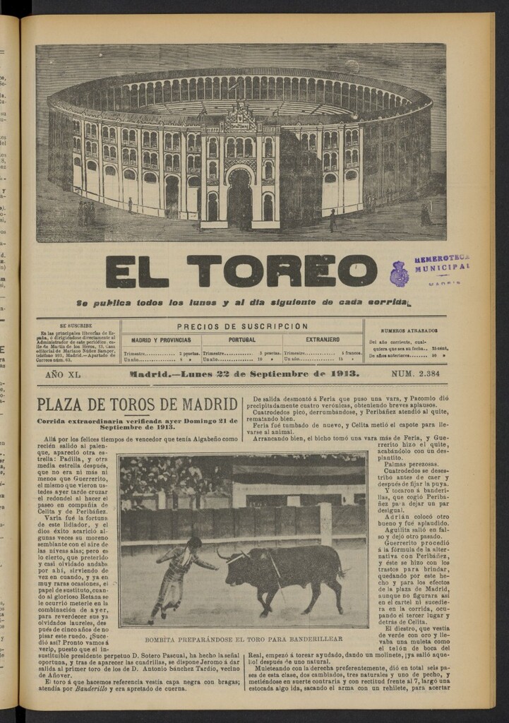 Miniatura de El Toreo: suplemento a "La Correspondencia Teatral"  del 22 de septiembre de 1913, nº 2384