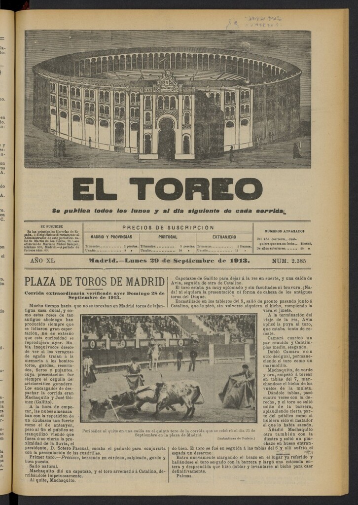 Miniatura de El Toreo: suplemento a "La Correspondencia Teatral"  del 29 de septiembre de 1913, nº 2385