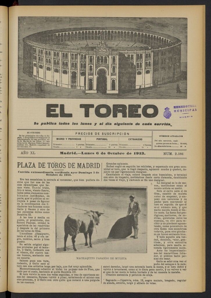 Miniatura de El Toreo: suplemento a "La Correspondencia Teatral"  del 6 de octubre de 1913, nº 2386