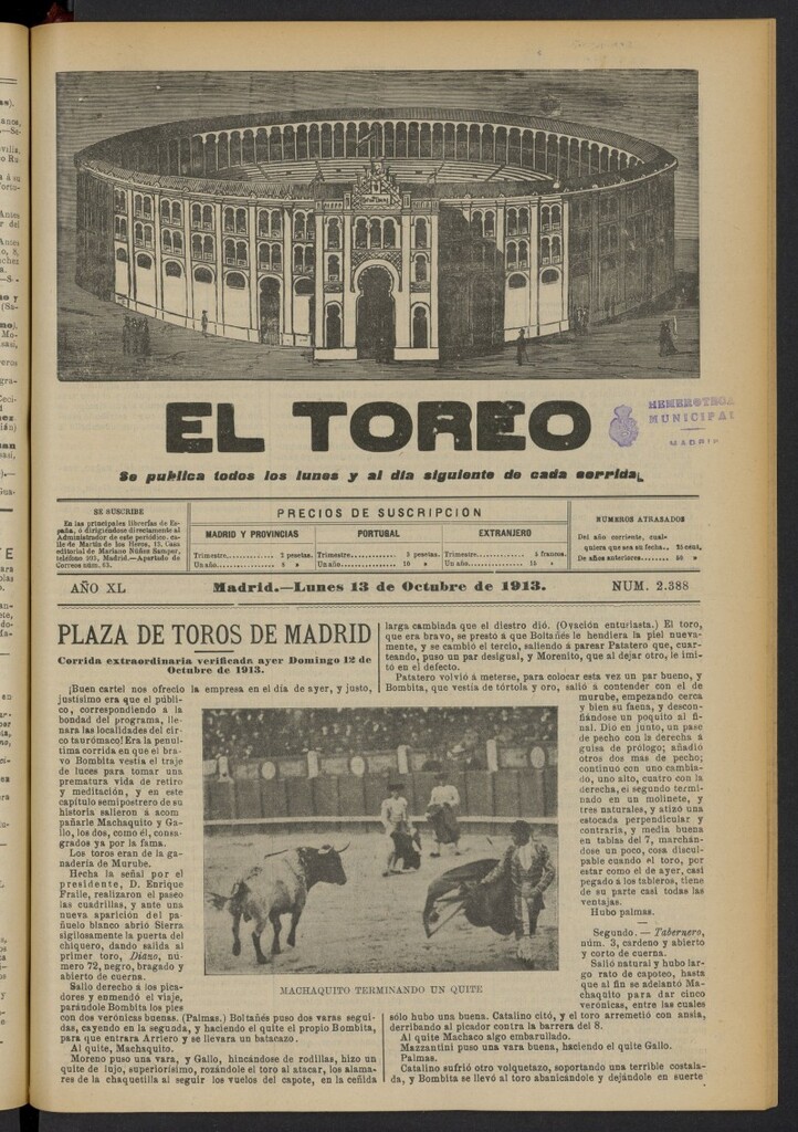 Miniatura de El Toreo: suplemento a "La Correspondencia Teatral"  del 13 de octubre de 1913, nº 2388