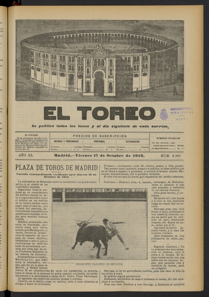 Miniatura de El Toreo: suplemento a "La Correspondencia Teatral"  del 17 de octubre de 1913, nº 2389