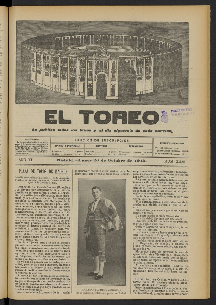 Miniatura de El Toreo: suplemento a "La Correspondencia Teatral"  del 20 de octubre de 1913, nº 2390