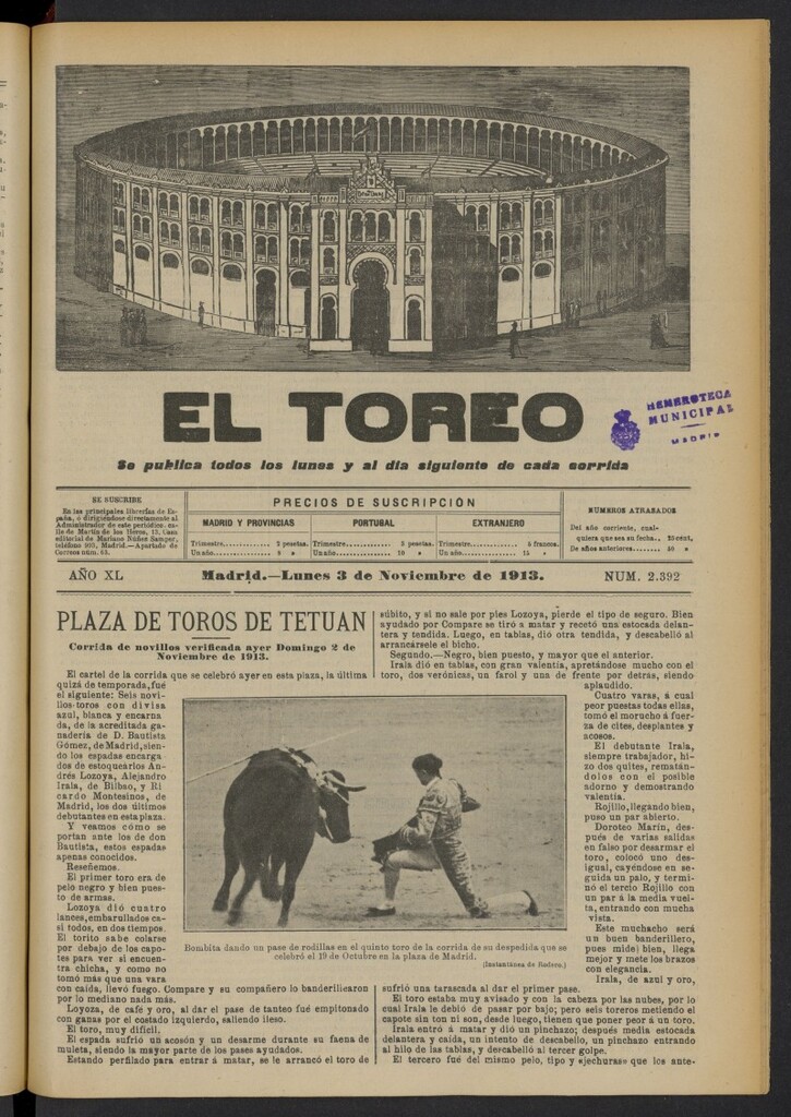Miniatura de El Toreo: suplemento a "La Correspondencia Teatral"  del 3 de noviembre de 1913, nº 2392