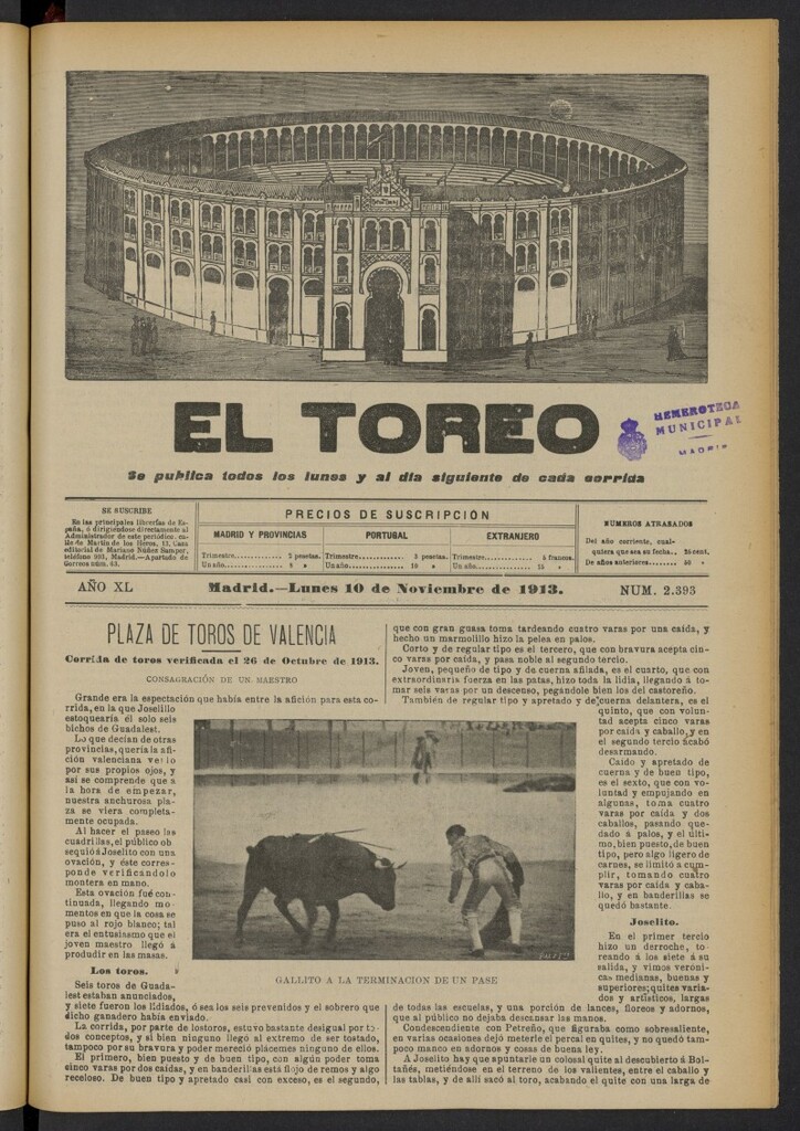 Miniatura de El Toreo: suplemento a "La Correspondencia Teatral"  del 10 de noviembre de 1913, nº 2393