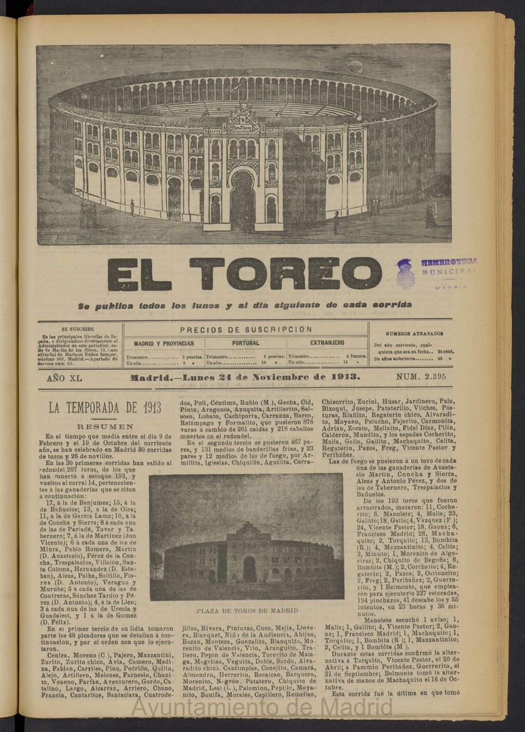 Miniatura de El Toreo: suplemento a "La Correspondencia Teatral"  del 24 de noviembre de 1913, nº 2395