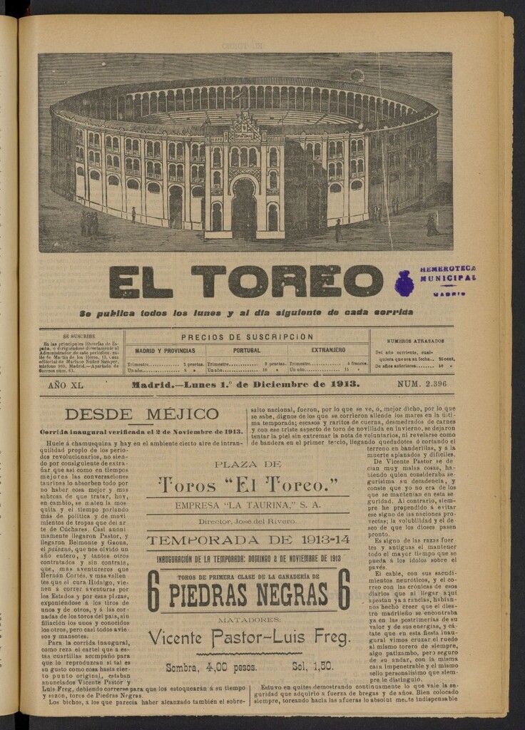 Miniatura de El Toreo: suplemento a "La Correspondencia Teatral"  del 1 de diciembre de 1913, nº 2396