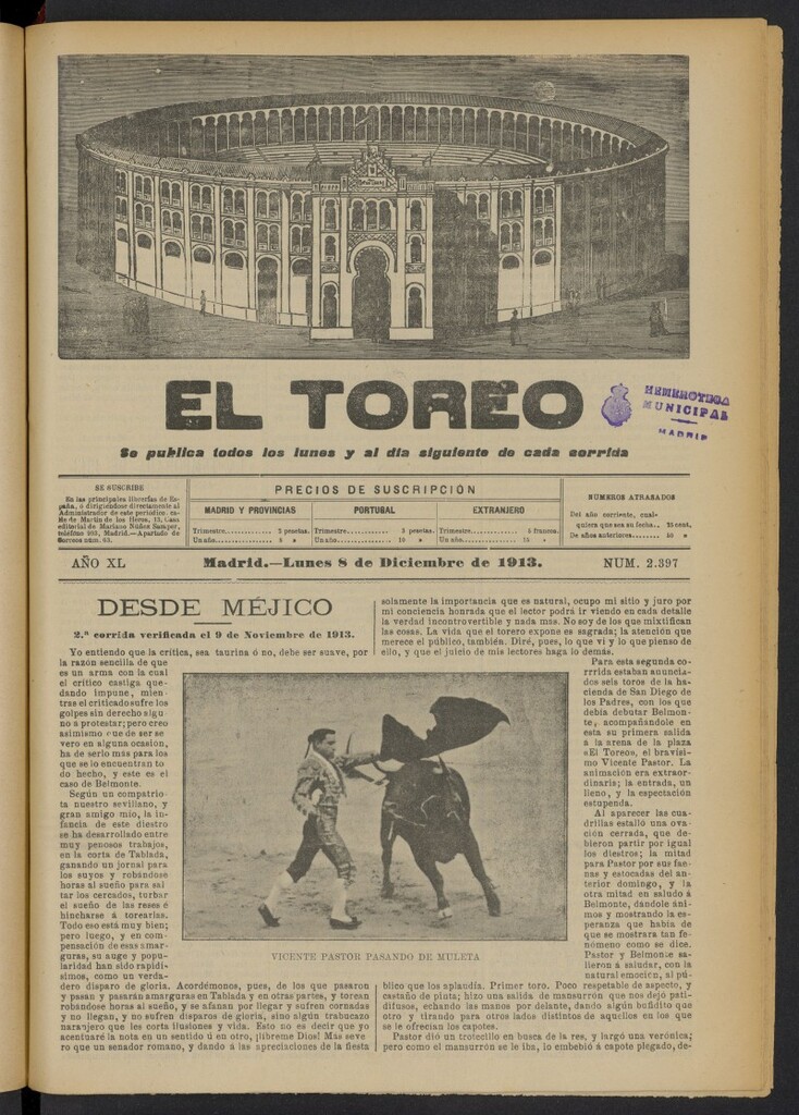 Miniatura de El Toreo: suplemento a "La Correspondencia Teatral"  del 8 de diciembre de 1913, nº 2397