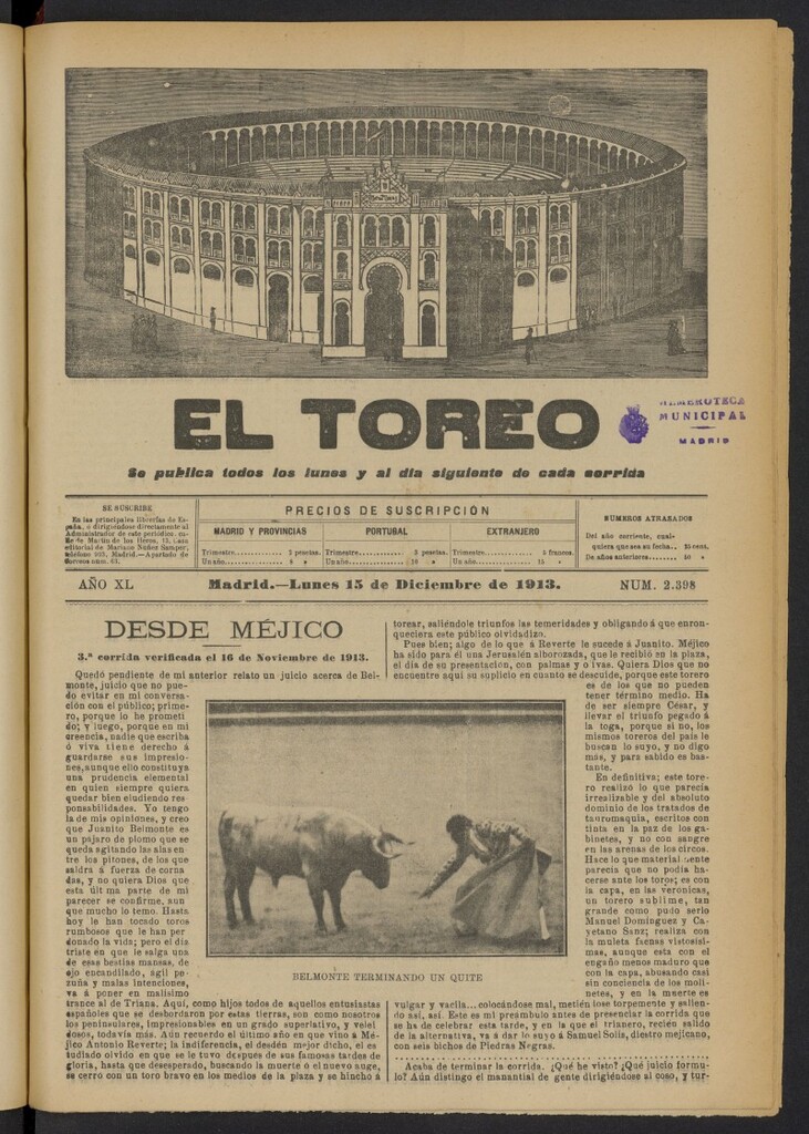 Miniatura de El Toreo: suplemento a "La Correspondencia Teatral"  del 15 de diciembre de 1913, nº 2398
