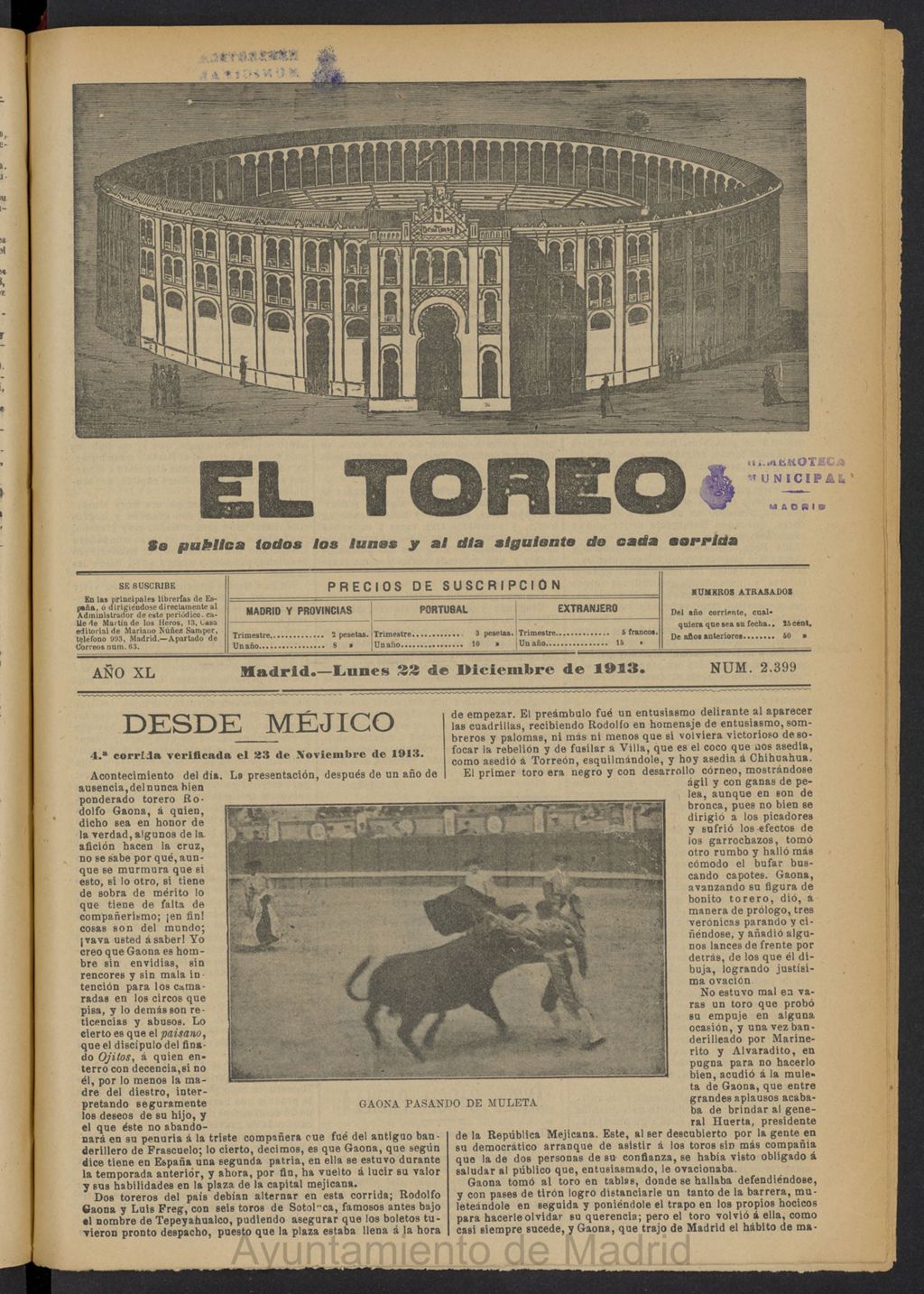 Miniatura de El Toreo: suplemento a "La Correspondencia Teatral"  del 22 de diciembre de 1913, nº 2399