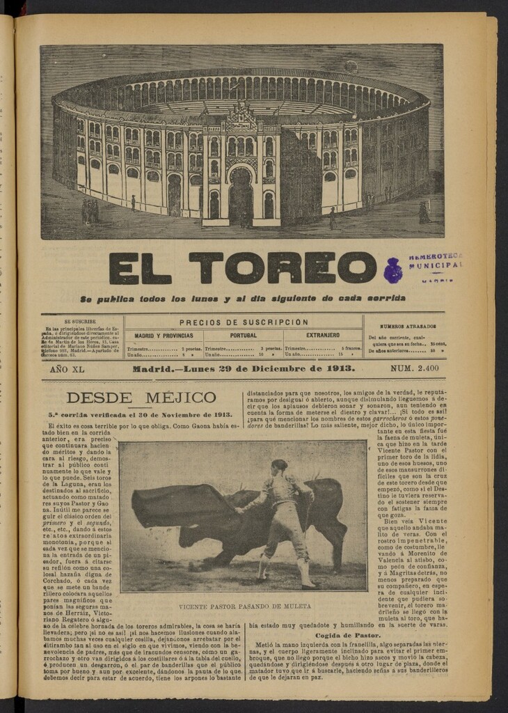 Miniatura de El Toreo: suplemento a "La Correspondencia Teatral"  del 29 de diciembre de 1913, nº 2400
