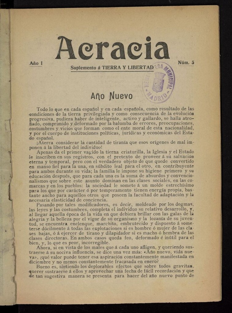 Miniatura de Acracia: Suplemento de Tierra y Libertad del 7 de marzo de 1909