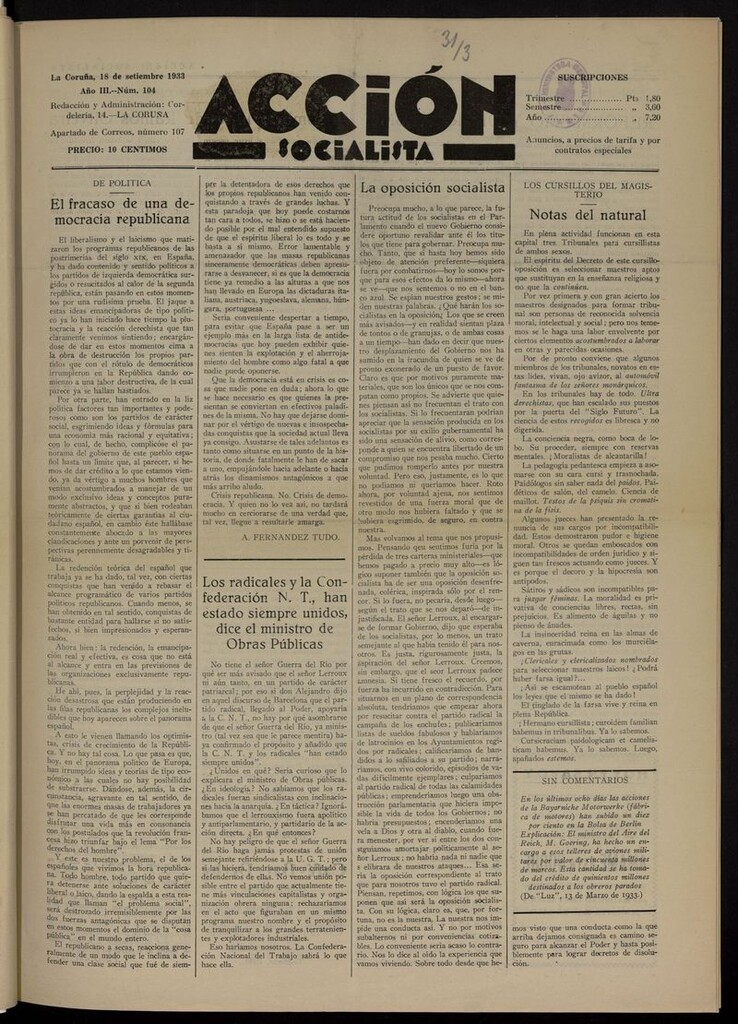 Miniatura de Acción Socialista del 18 de septiembre de 1933