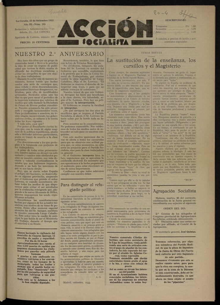 Miniatura de Acción Socialista del 25 de septiembre de 1933