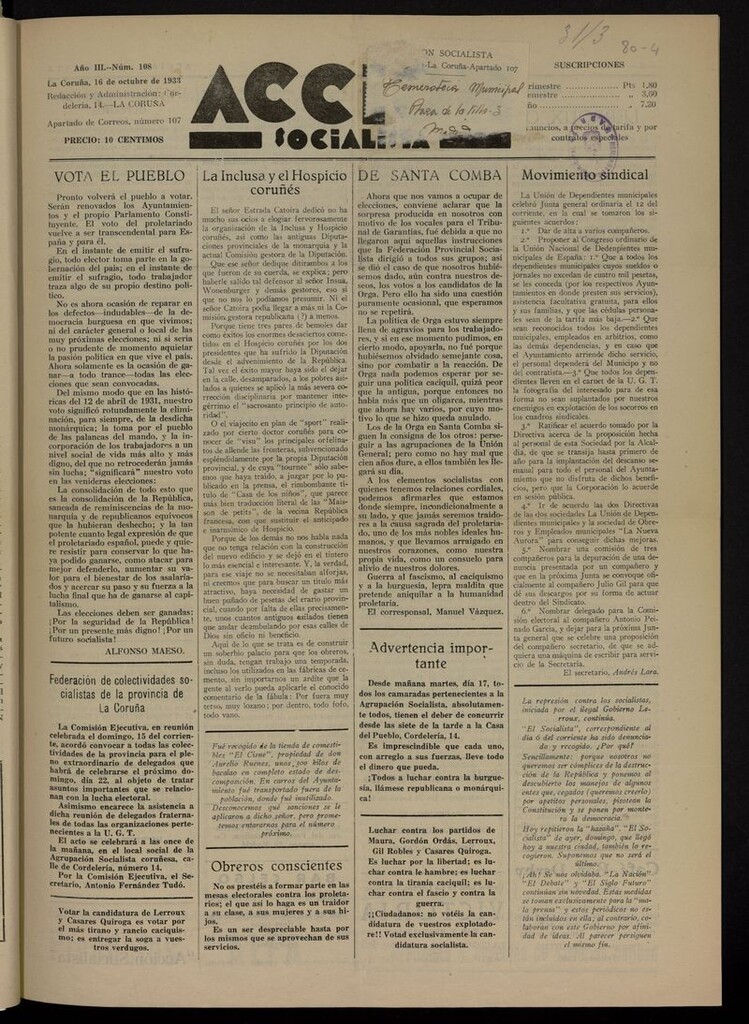 Miniatura de Acción Socialista del 16 de octubre de 1933