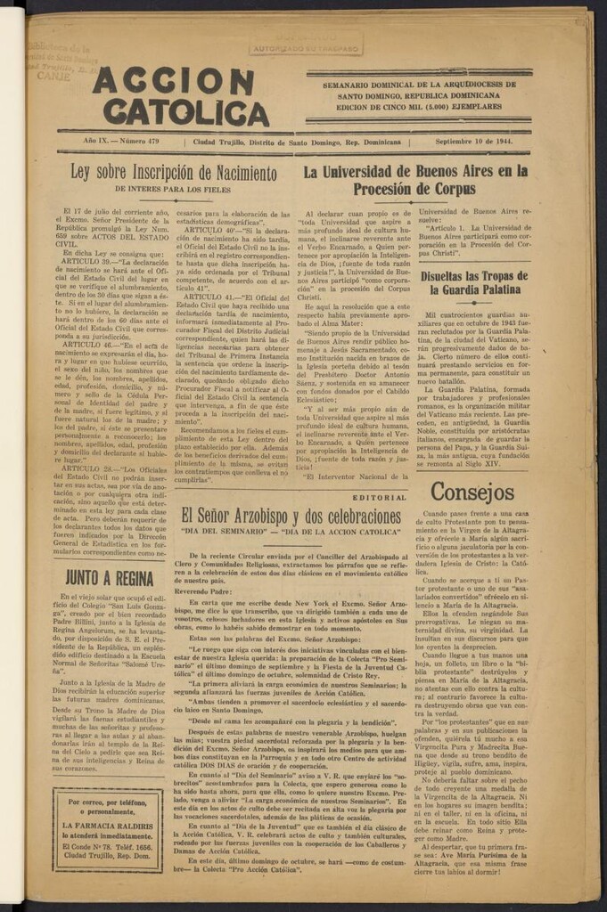 Miniatura de Acción Católica (Ciudad Trujillo) del 10 de septiembre de 1944