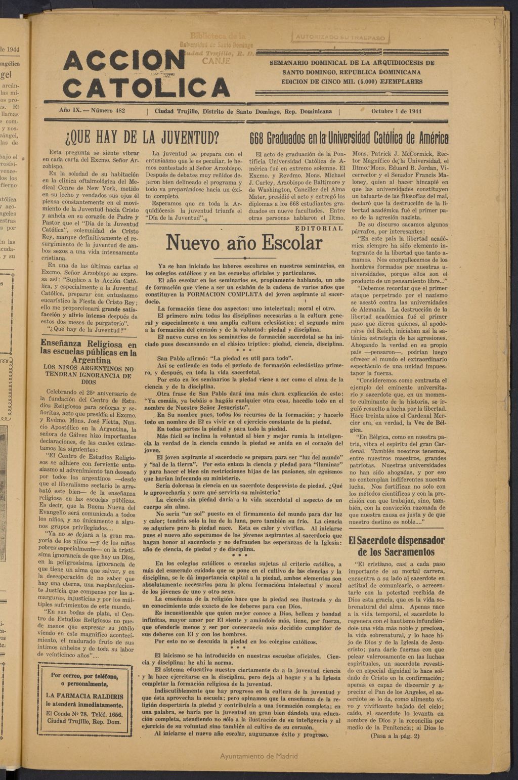 Miniatura de Acción Católica (Ciudad Trujillo) del 1 de octubre de 1944