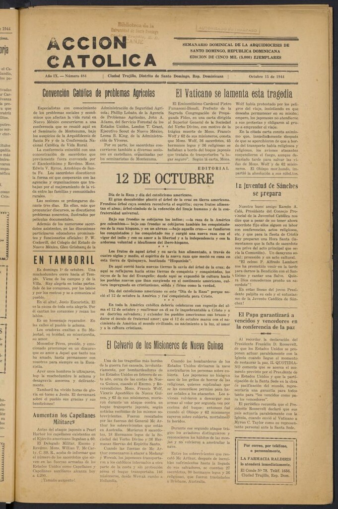 Miniatura de Acción Católica (Ciudad Trujillo) del 15 de octubre de 1944