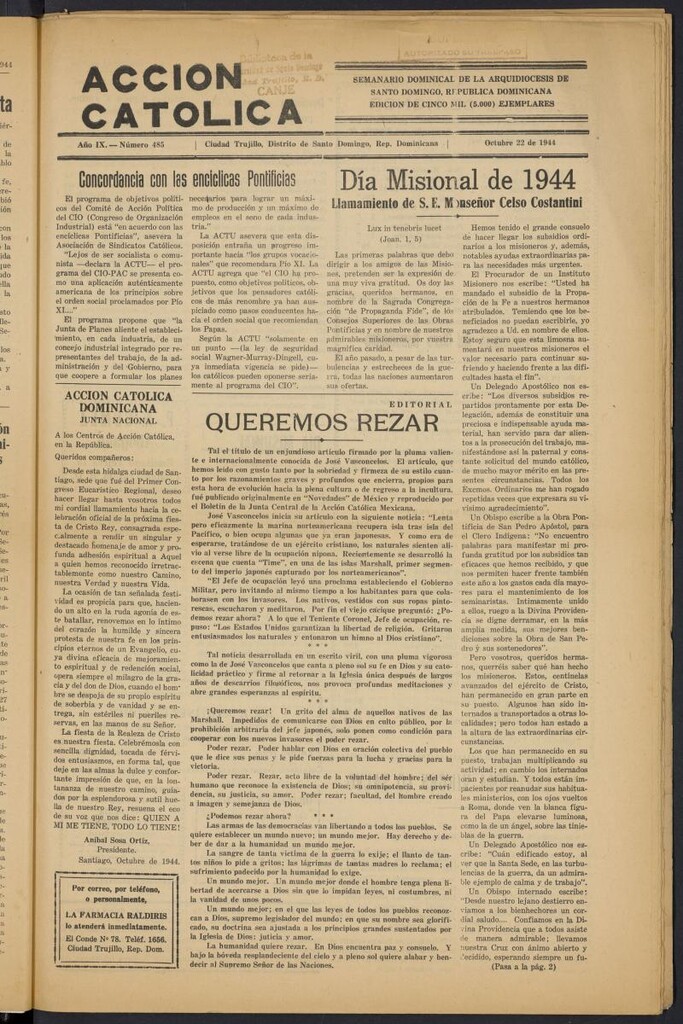 Miniatura de Acción Católica (Ciudad Trujillo) del 22 de octubre de 1944
