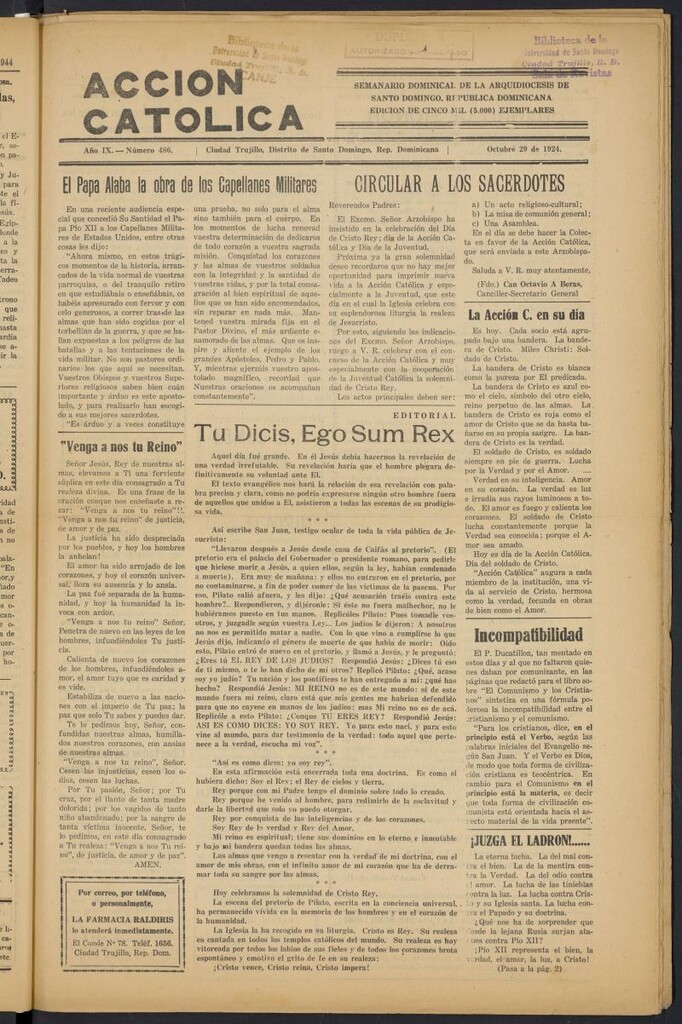 Miniatura de Acción Católica (Ciudad Trujillo) del 29 de octubre de 1944