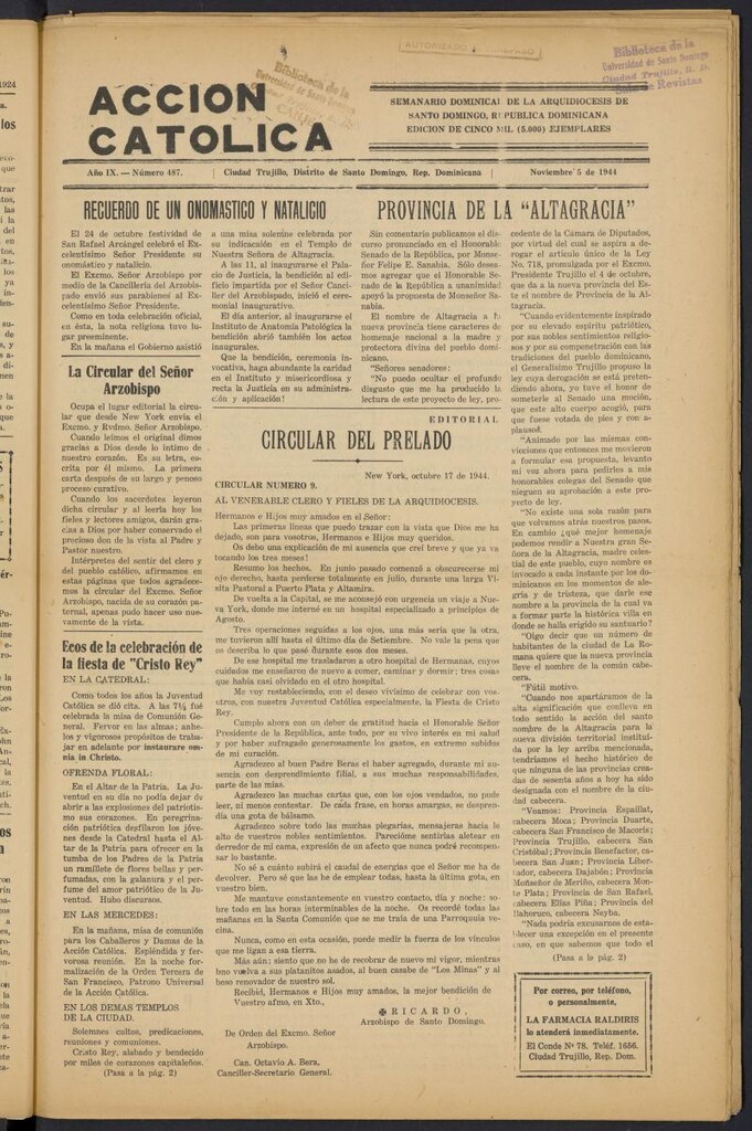 Miniatura de Acción Católica (Ciudad Trujillo) del 5 de noviembre de 1944