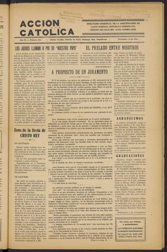 Miniatura de Acción Católica (Ciudad Trujillo) del 12 de noviembre de 1944