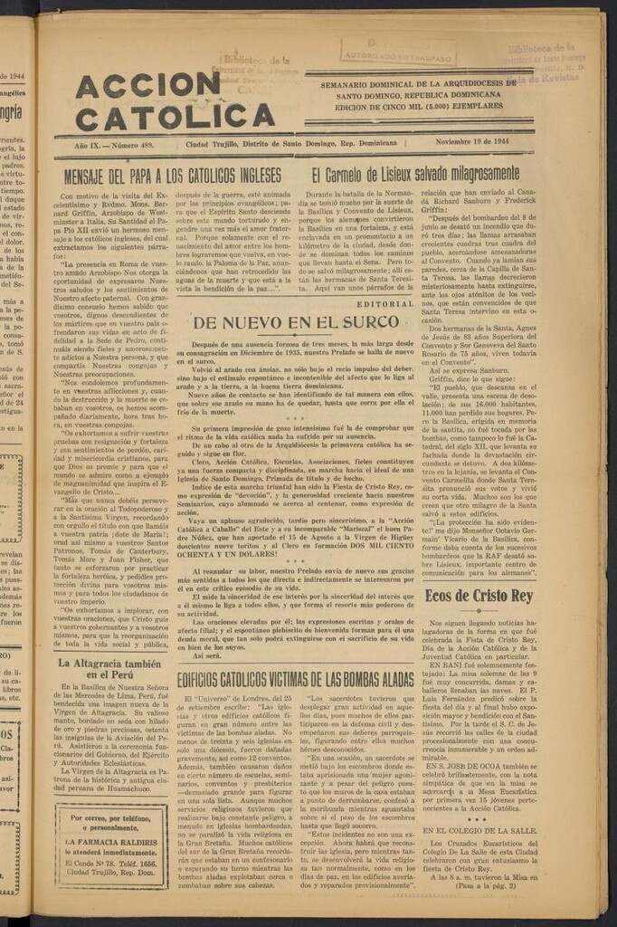 Miniatura de Acción Católica (Ciudad Trujillo) del 19 de noviembre de 1944