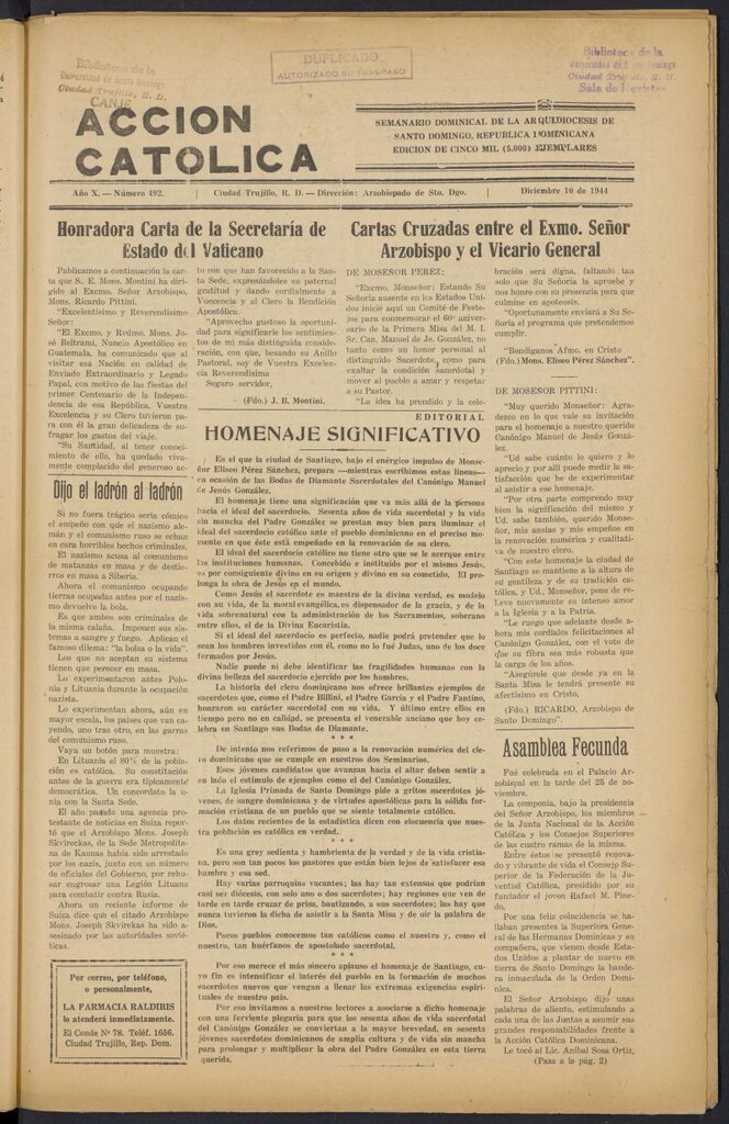 Miniatura de Acción Católica (Ciudad Trujillo) del 10 de diciembre de 1944