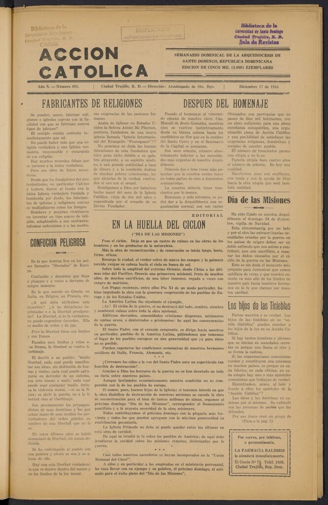 Miniatura de Acción Católica (Ciudad Trujillo) del 17 de diciembre de 1944