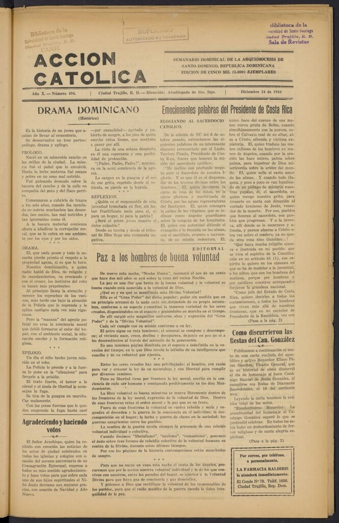 Miniatura de Acción Católica (Ciudad Trujillo) del 24 de diciembre de 1944