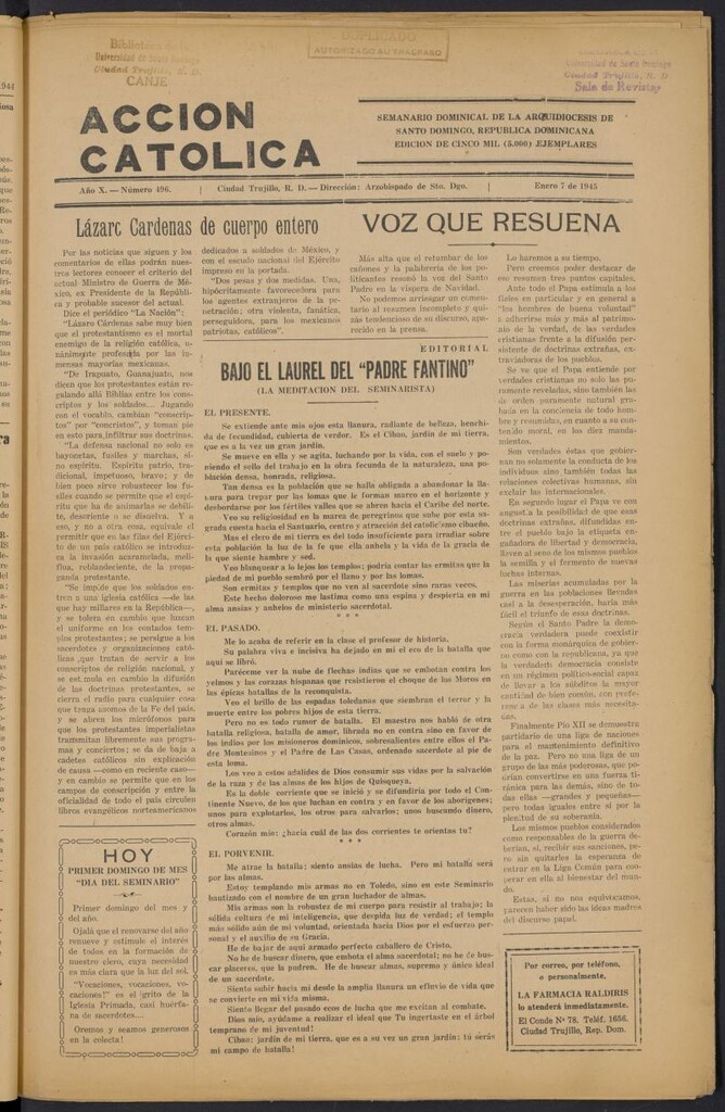 Miniatura de Acción Católica (Ciudad Trujillo) del 7 de enero de 1945