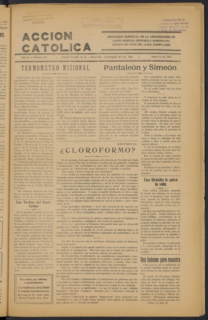 Miniatura de Acción Católica (Ciudad Trujillo) del 14 de enero de 1945