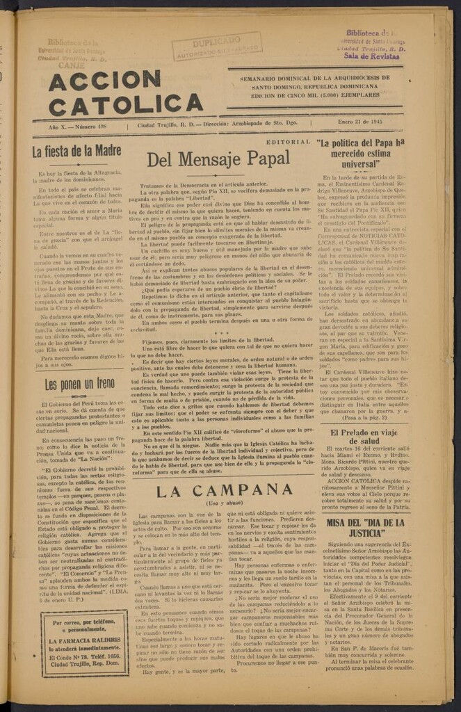 Miniatura de Acción Católica (Ciudad Trujillo) del 21 de enero de 1945